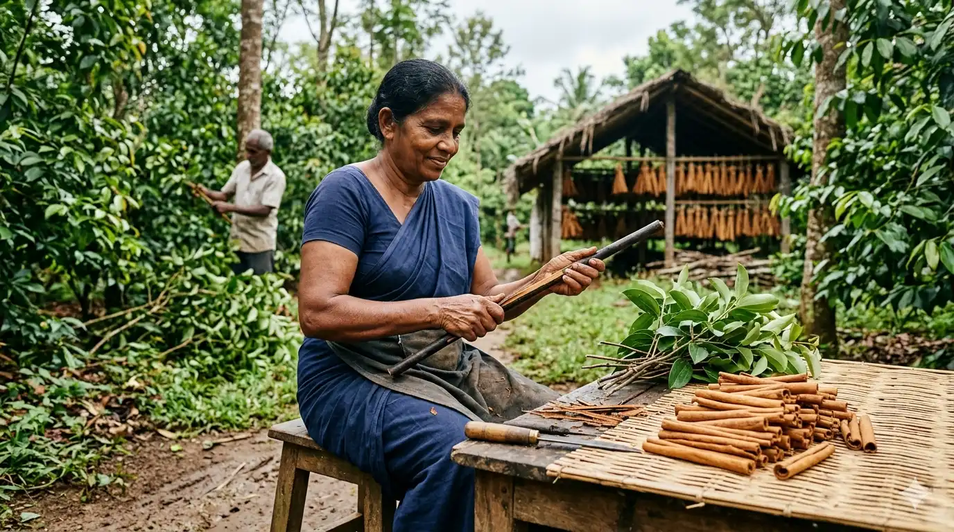 Sri Lankan harvester peeling cinnamon bark